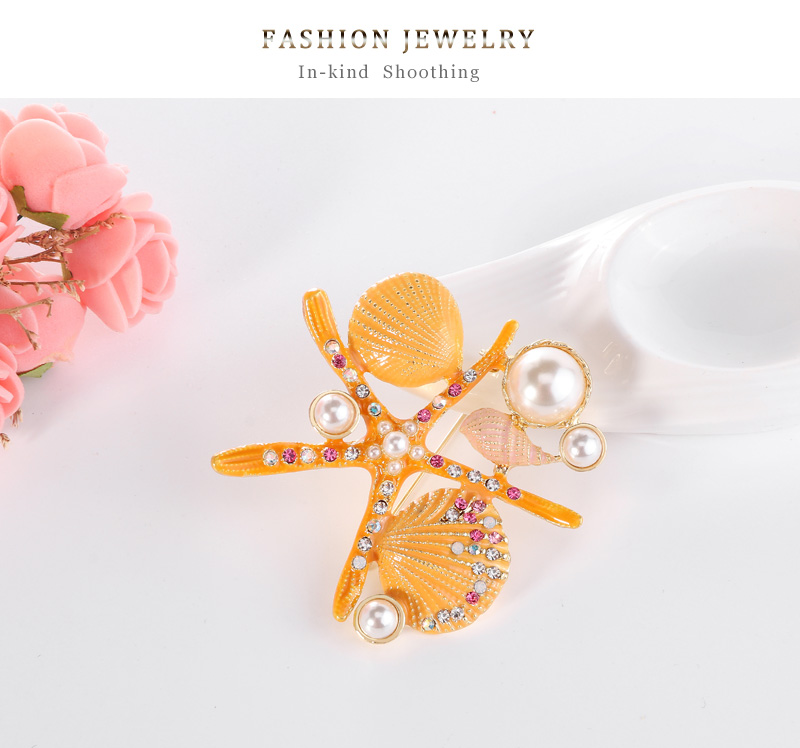 Fashion Yellow Alloy Diamond Conch Shell Pearl Brooch,Korean Brooches