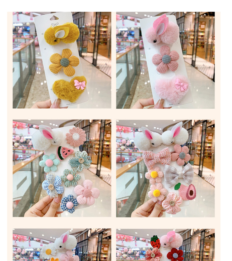 Fashion 9-piece White Rabbit Pink Flowers Set Flower Love Rabbit Plaid Geometric Shape Childrens Hairpin,Kids Accessories