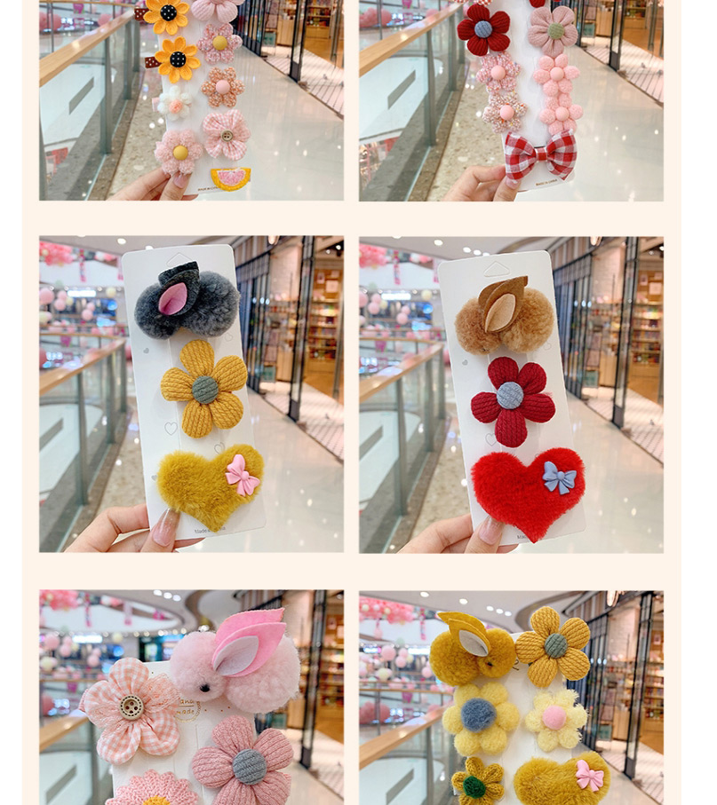 Fashion Pink Bunny Red Heart 3-piece Set Flower Love Bunny Plaid Geometric Children Hairpin,Kids Accessories