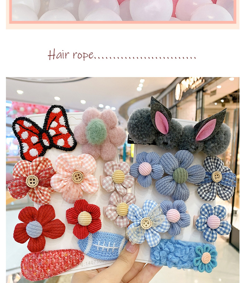 Fashion 11-piece Set Of Pink Bunny And Blue Flowers Flower Love Bunny Plaid Geometric Children Hairpin,Kids Accessories