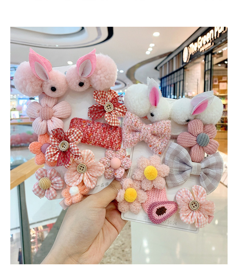 Fashion 10-piece Set Of Pink Bunny And Pink Flowers Flower Love Bunny Plaid Geometric Children Hairpin,Kids Accessories