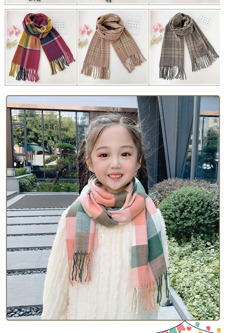 Fashion Yellow-green Double-faced Fleece Over 2 Years Old Check Cashmere Fringed Children Scarf,knitting Wool Scaves