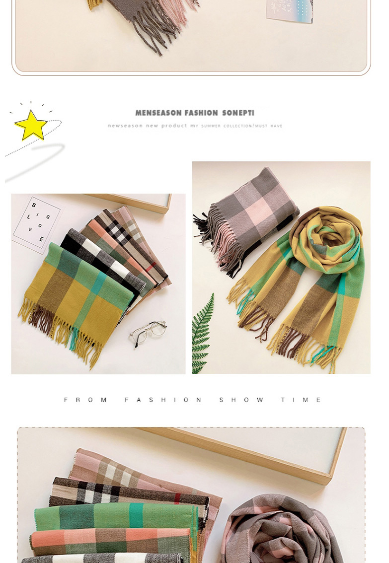 Fashion Yellow-green Double-faced Fleece Over 2 Years Old Check Cashmere Fringed Children Scarf,knitting Wool Scaves