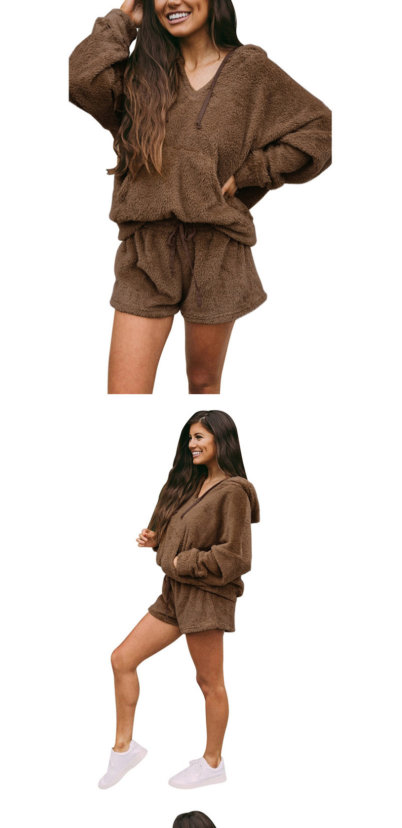 Fashion Coffee Loose Plush V-neck Shorts Hooded Suit,Tank Tops & Camis