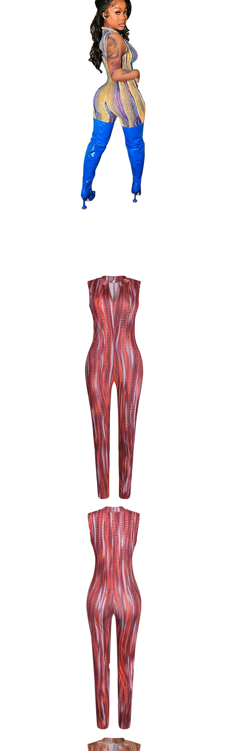 Fashion Red Deep V Stripe Sleeveless Skinny Jumpsuit,Others