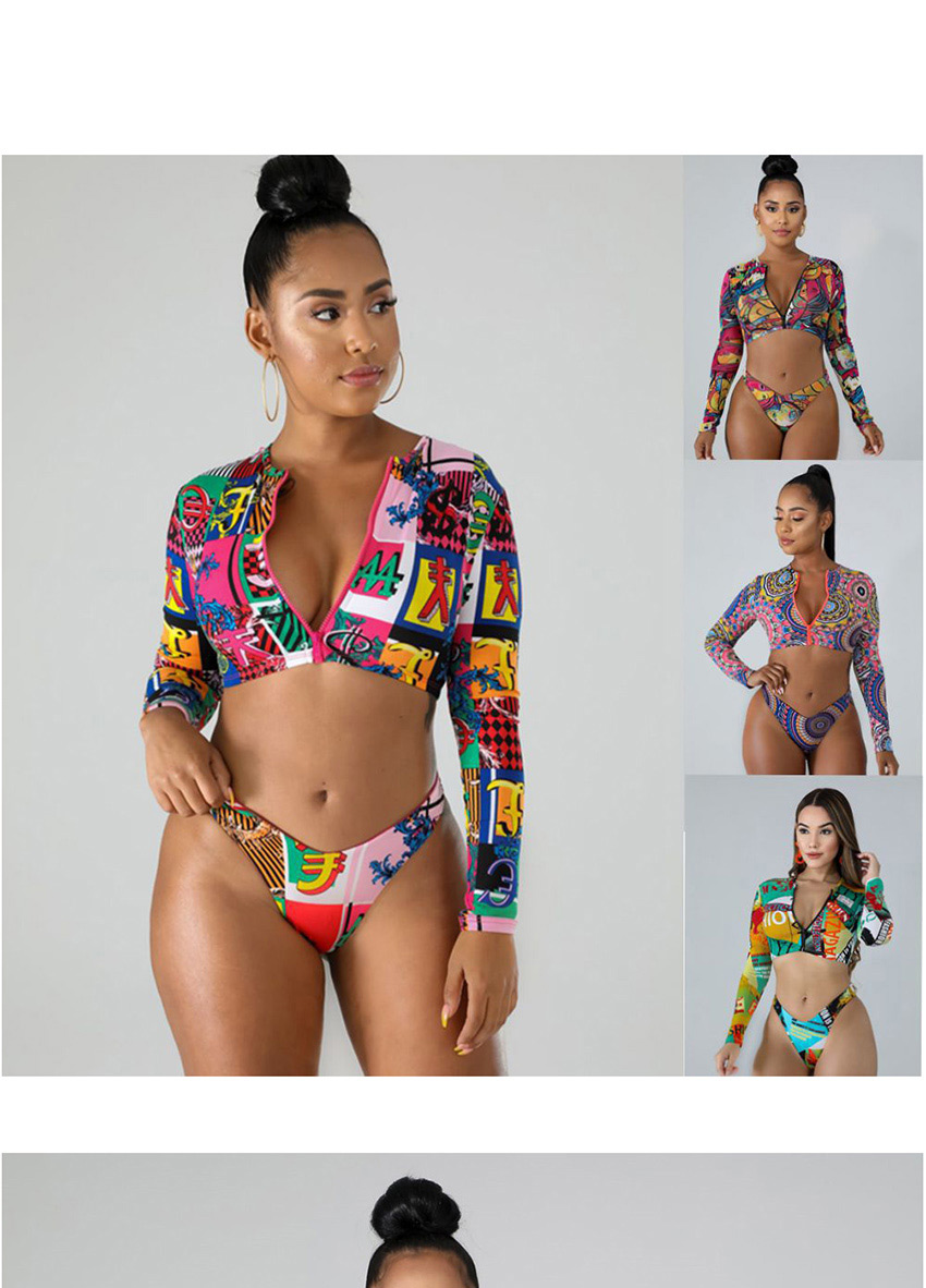 Fashion Checkered Long Sleeve Zipper Print High Waist Split Swimsuit,Swimwear Sets