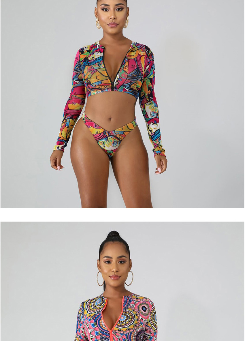 Fashion Human Face Long Sleeve Zipper Print High Waist Split Swimsuit,Swimwear Sets