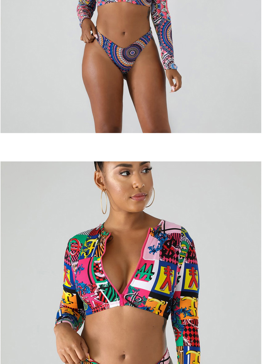 Fashion Human Face Long Sleeve Zipper Print High Waist Split Swimsuit,Swimwear Sets