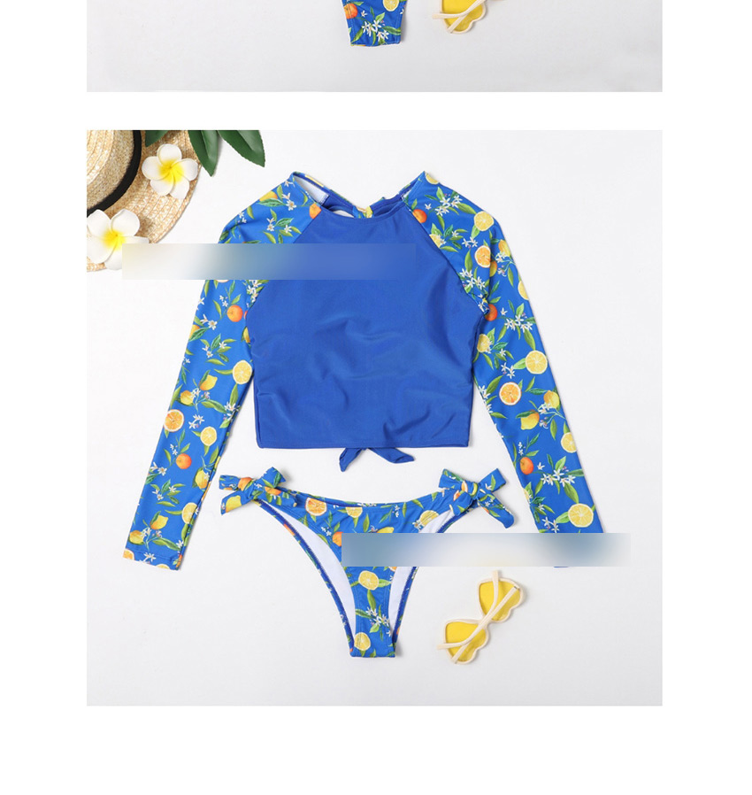 Fashion Blue Long Sleeve Open Back Printed Color Block Split Swimsuit,Swimwear Sets