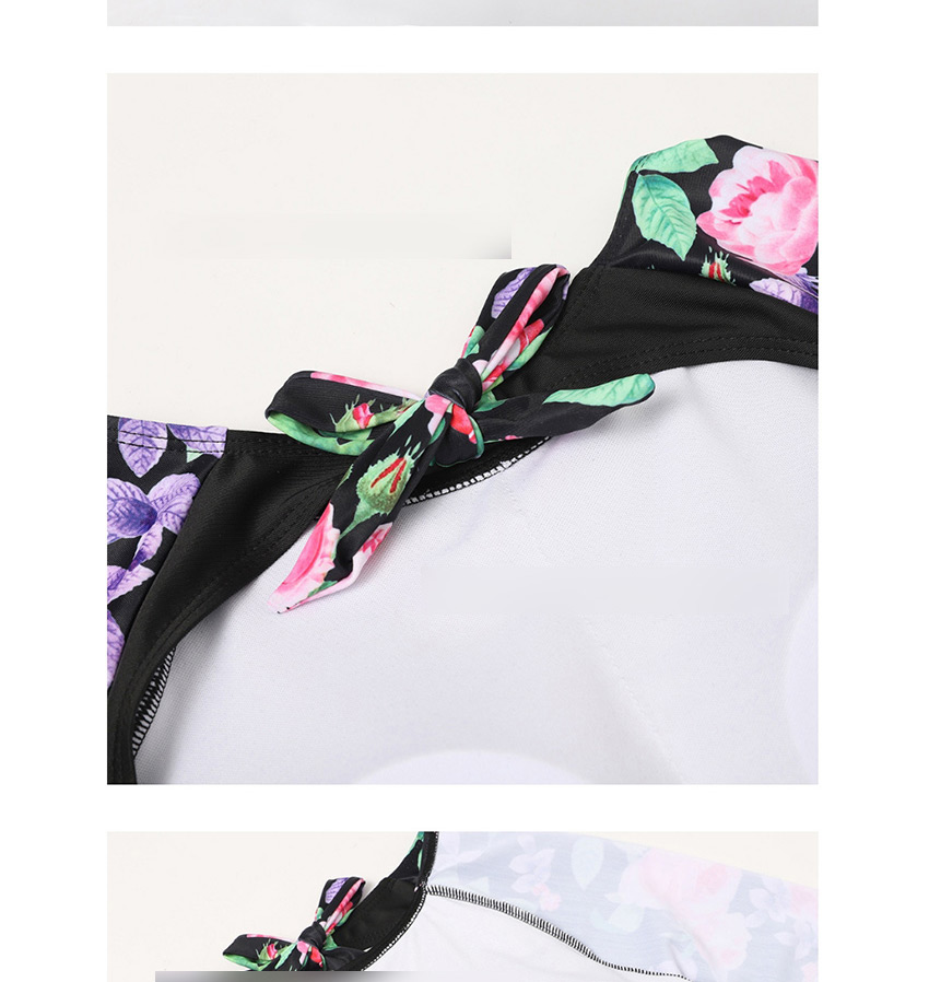Fashion Black Long Sleeve Open Back Printed Color Block Split Swimsuit,Swimwear Sets