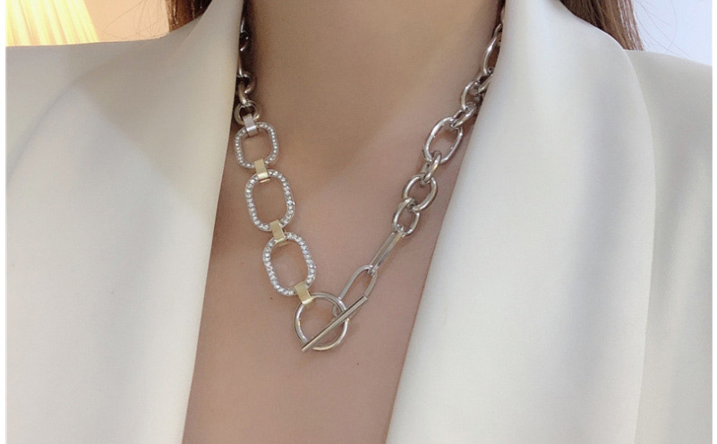 Fashion Silver Color Thick Chain Ring Flashing Diamond Stitching Necklace,Chains