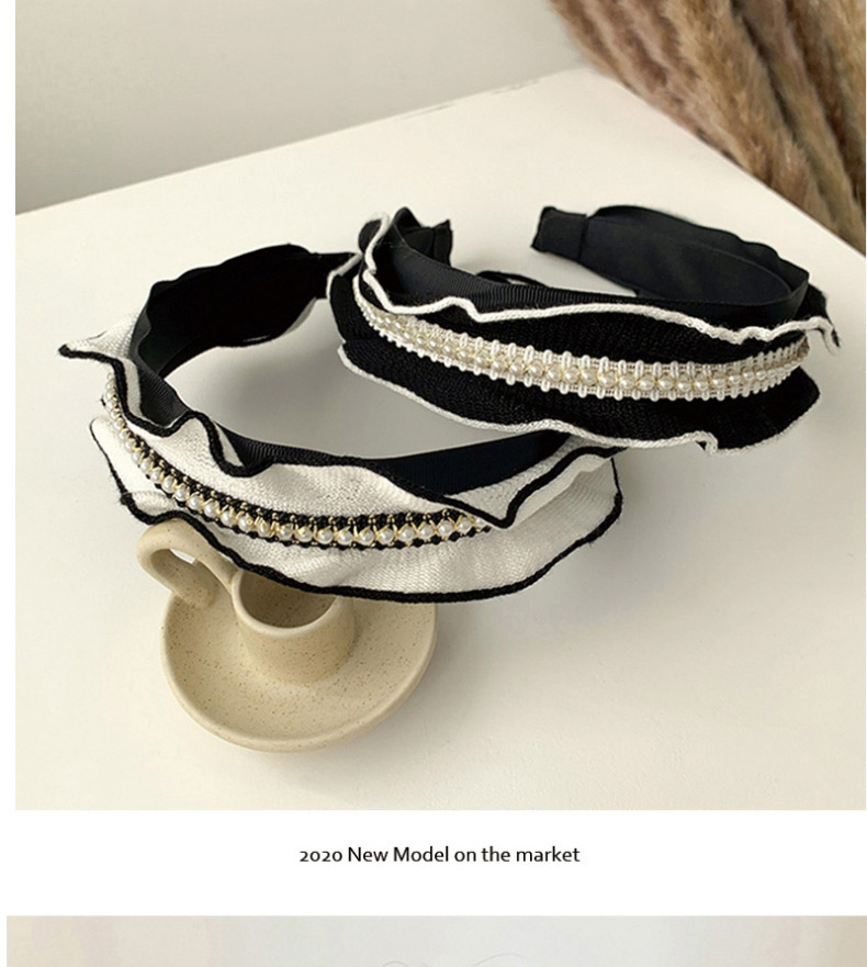 Fashion White Bottom Black Pearl Wide-brimmed Pearl Knitted Rhinestone Wave Headband,Head Band