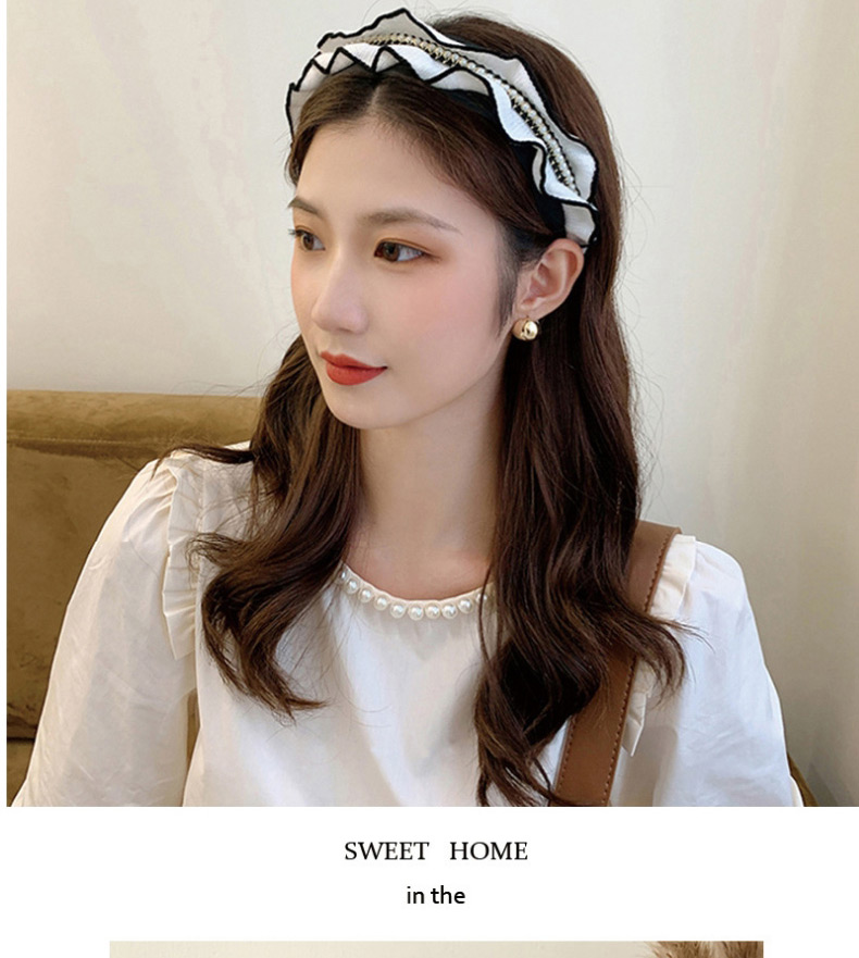 Fashion Zircon With Black Edges On White Wide-brimmed Pearl Knitted Rhinestone Wave Headband,Head Band