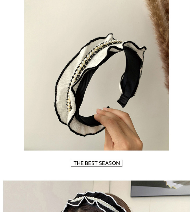 Fashion White Bottom Black Pearl Wide-brimmed Pearl Knitted Rhinestone Wave Headband,Head Band