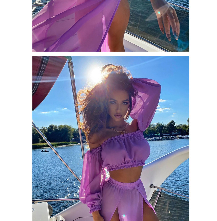 Fashion Purple Solid Color Long-sleeved Veil Split Swimsuit With Wooden Ears,Bikini Sets