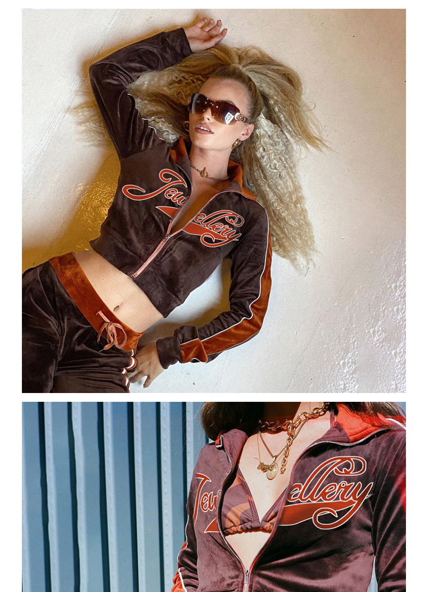 Fashion Brown Contrast Stitching Letter Embroidery Jacket High-waist Straight-leg Pants Suit,Tank Tops & Camis