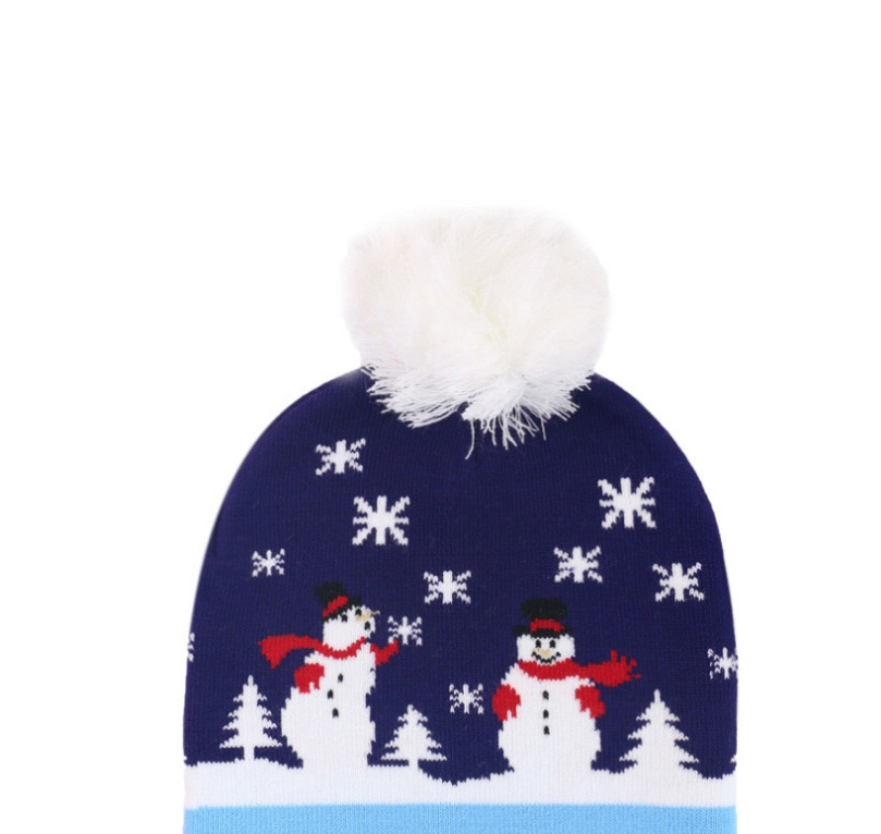 Fashion Blue Snowman Christmas Snowman Elk Knitted Jacquard Hat With Ball,Children