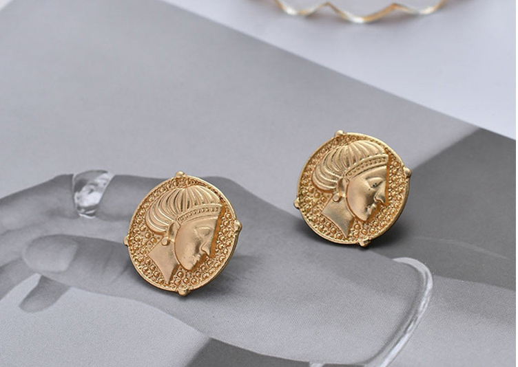 Fashion Gold Color Coin Portrait Embossed Alloy Earrings,Stud Earrings