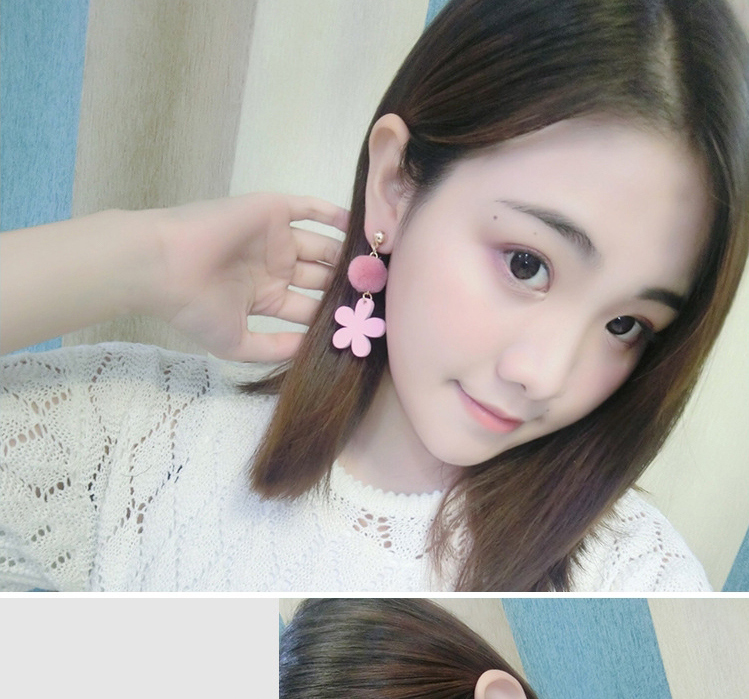 Fashion Pink Hairball Wooden Flowers Long Plush Earrings,Drop Earrings