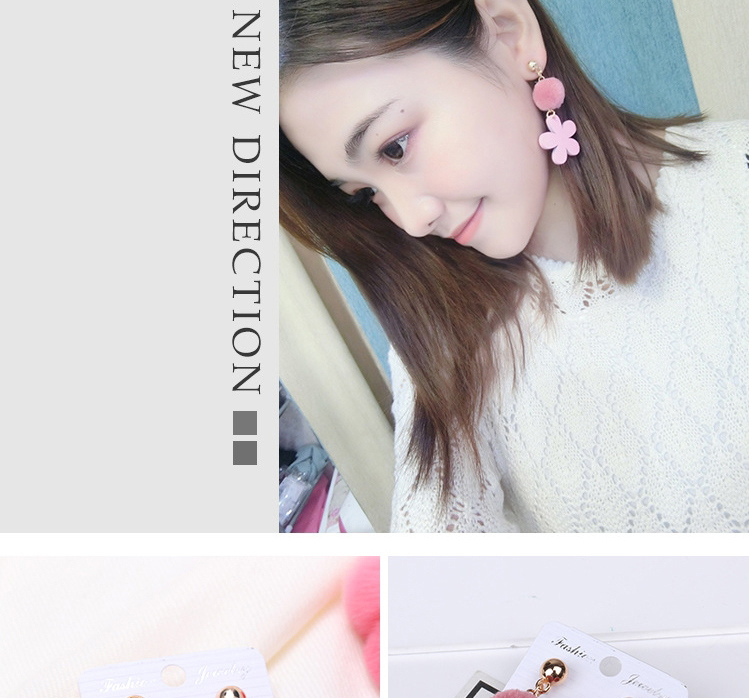 Fashion Pink Hairball Wooden Flowers Long Plush Earrings,Drop Earrings