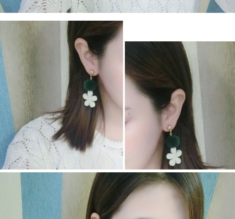 Fashion Creamy-white Hairball Wooden Flowers Long Plush Earrings,Drop Earrings