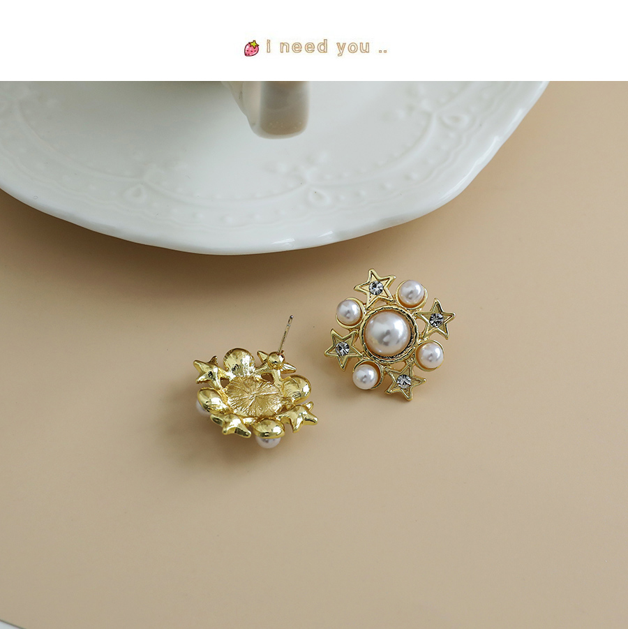 Fashion Golden Alloy Diamond Pearl Pentagram Stud Earrings,Stud Earrings