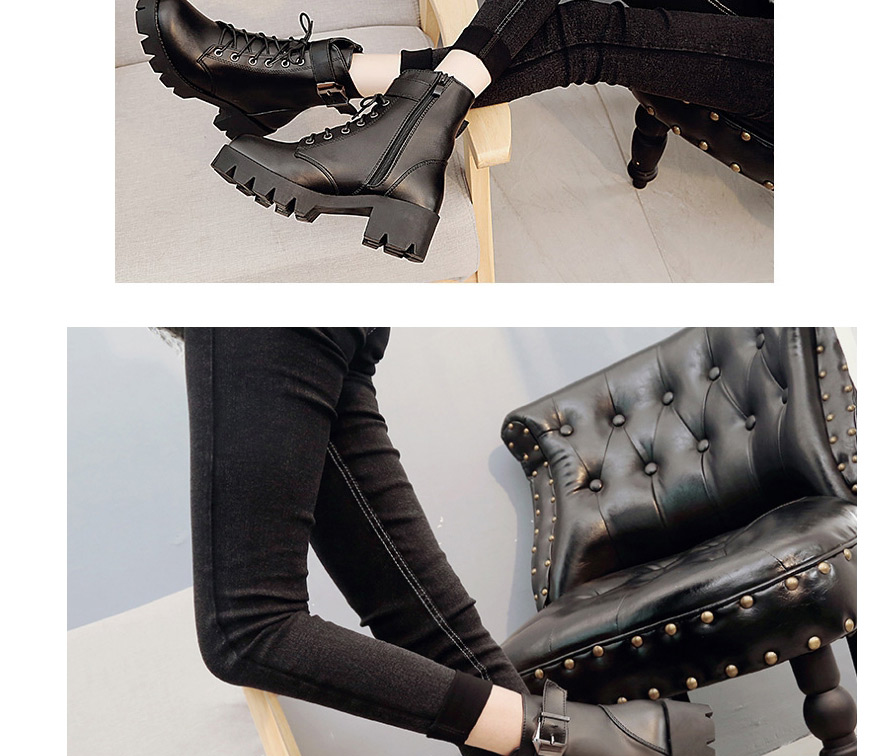 Fashion Black Flat Bottom Non-slip Lace-up Belt Buckle Martin Boots,Slippers