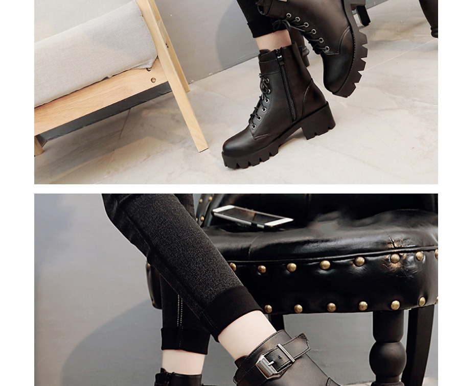 Fashion Black Flat Bottom Non-slip Lace-up Belt Buckle Martin Boots,Slippers