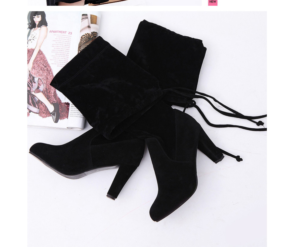Fashion Brown Suede Pointed Toe Over The Knee High Chunky Heel Boots,Slippers