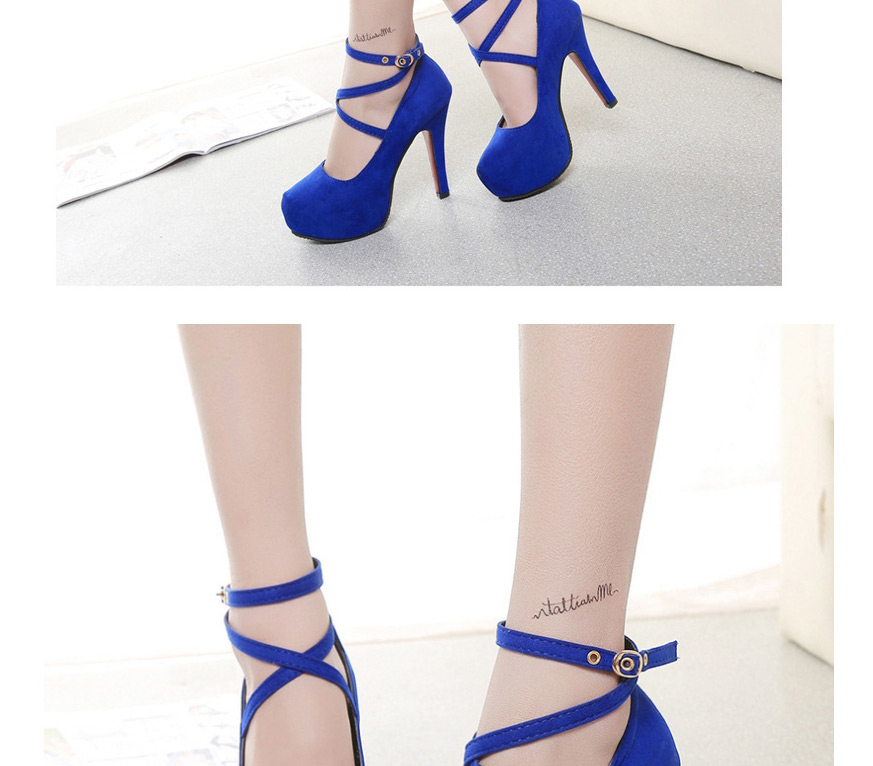 Fashion Blue Round Toe Stiletto Platform High Heels With Cross Straps,Slippers