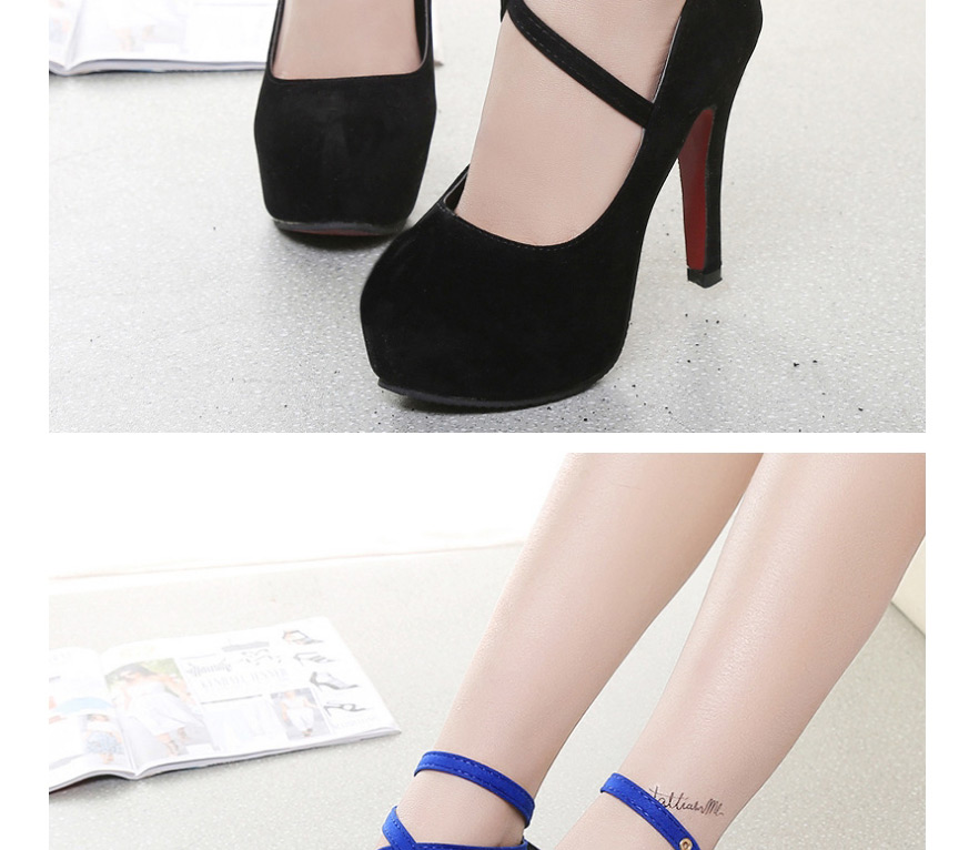 Fashion Blue Round Toe Stiletto Platform High Heels With Cross Straps,Slippers