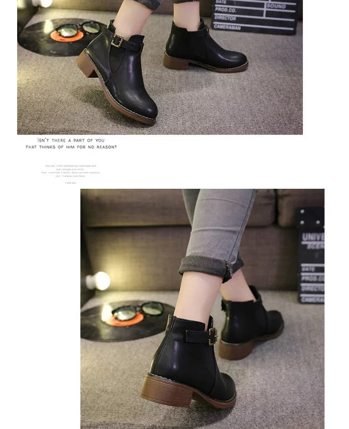 Fashion Red Martin Boots With Thick Heel And Round Toe Mid-heel Zipper Belt Buckle,Slippers
