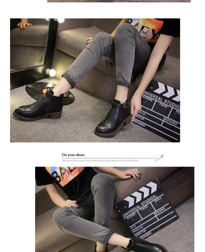 Fashion Black Martin Boots With Thick Heel And Round Toe Mid-heel Zipper Belt Buckle,Slippers
