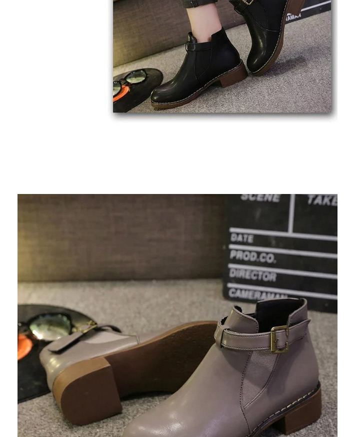 Fashion Gray Martin Boots With Thick Heel And Round Toe Mid-heel Zipper Belt Buckle,Slippers