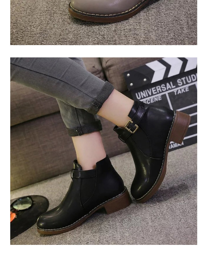 Fashion Black Martin Boots With Thick Heel And Round Toe Mid-heel Zipper Belt Buckle,Slippers