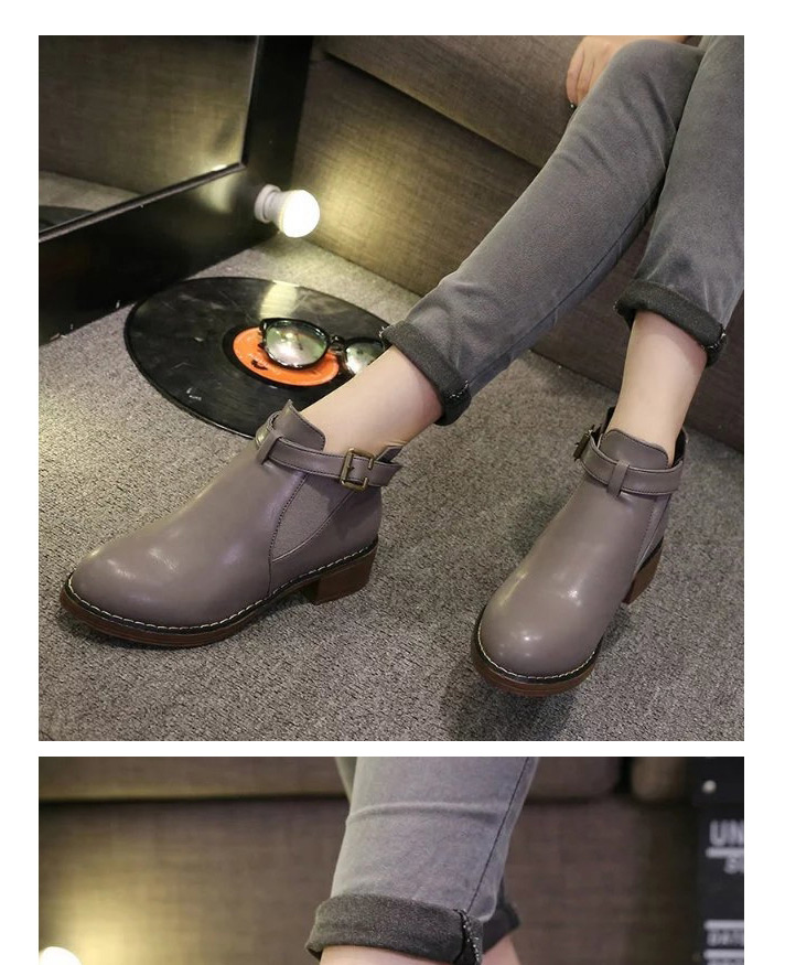 Fashion Red Martin Boots With Thick Heel And Round Toe Mid-heel Zipper Belt Buckle,Slippers