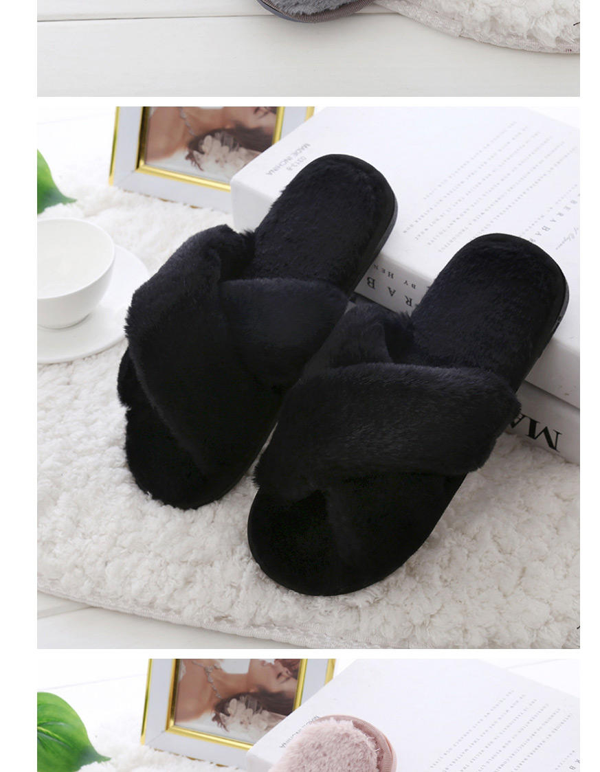 Fashion Black Cross Imitation Rabbit Fur Flat Non-slip Slippers,Slippers