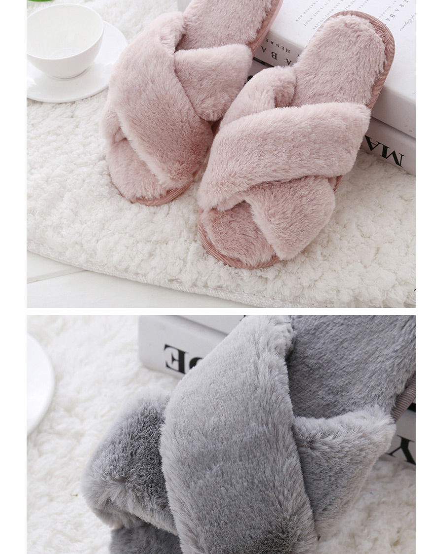Fashion Pink Cross Imitation Rabbit Fur Flat Non-slip Slippers,Slippers