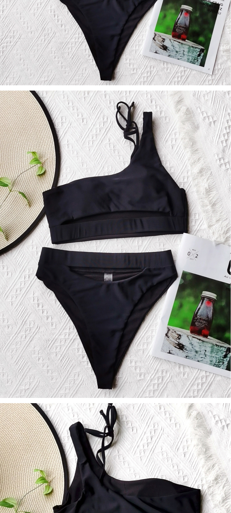 Fashion Black Solid Color Hollow One-shoulder Split Swimsuit,Bikini Sets