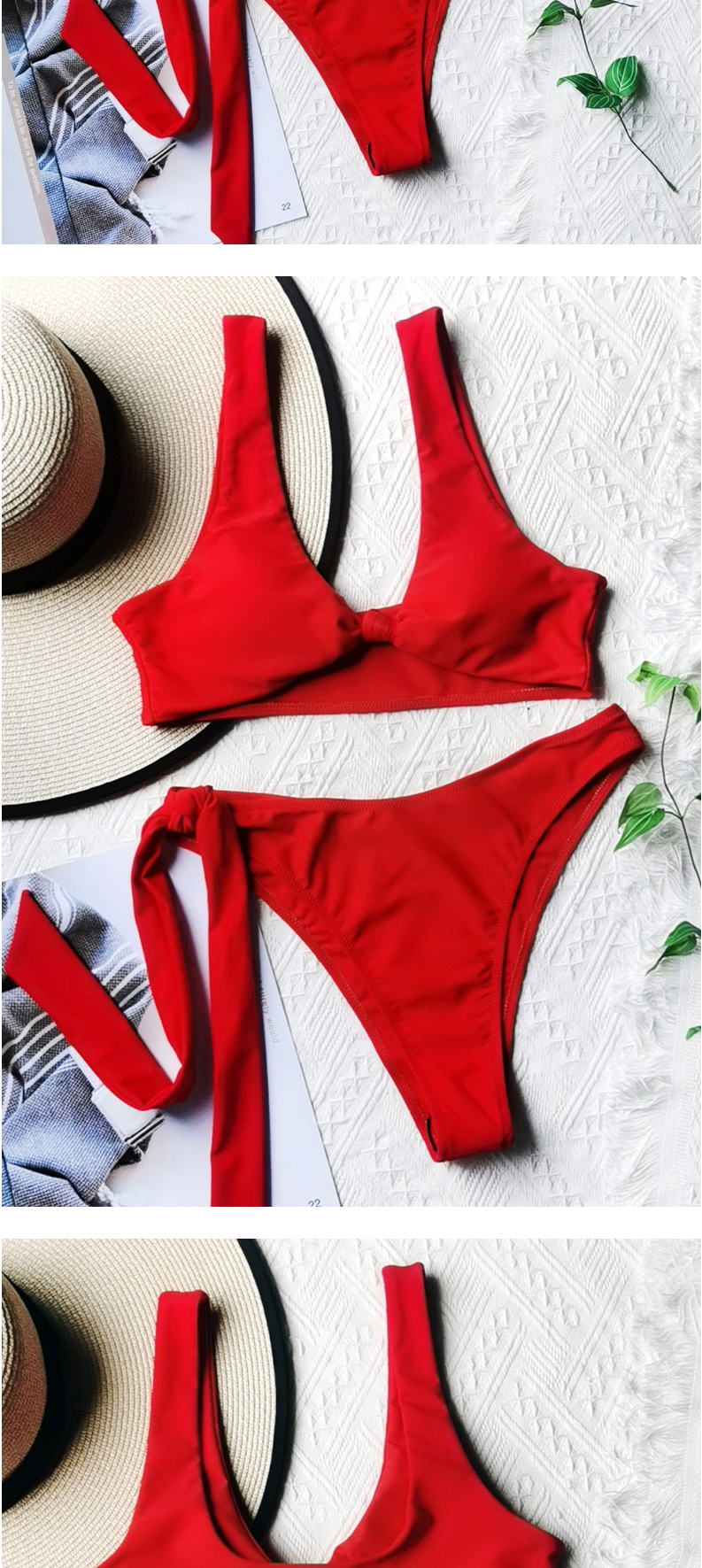 Fashion Red Solid Color Bandage Knotted Swimsuit,Bikini Sets