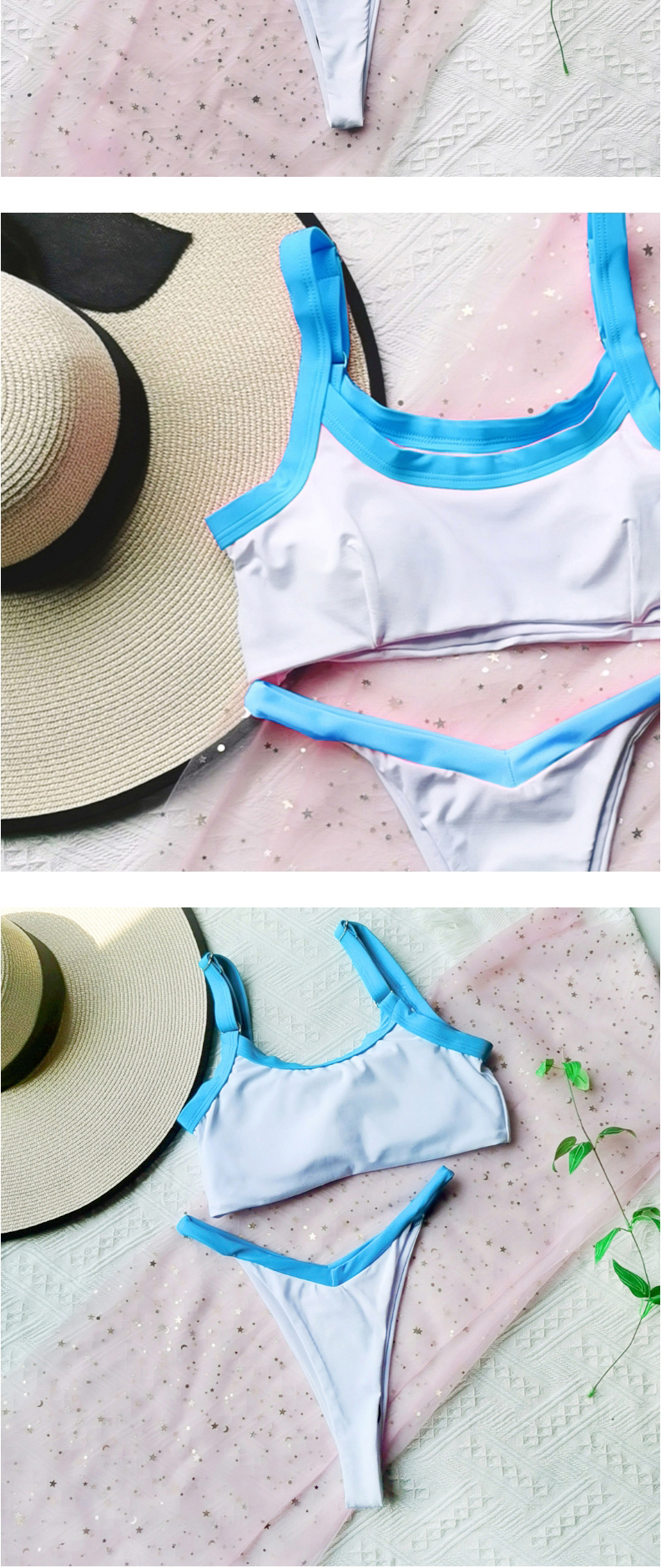 Fashion Blue Bar Strap Stitching Contrast Print Split Swimsuit,Bikini Sets
