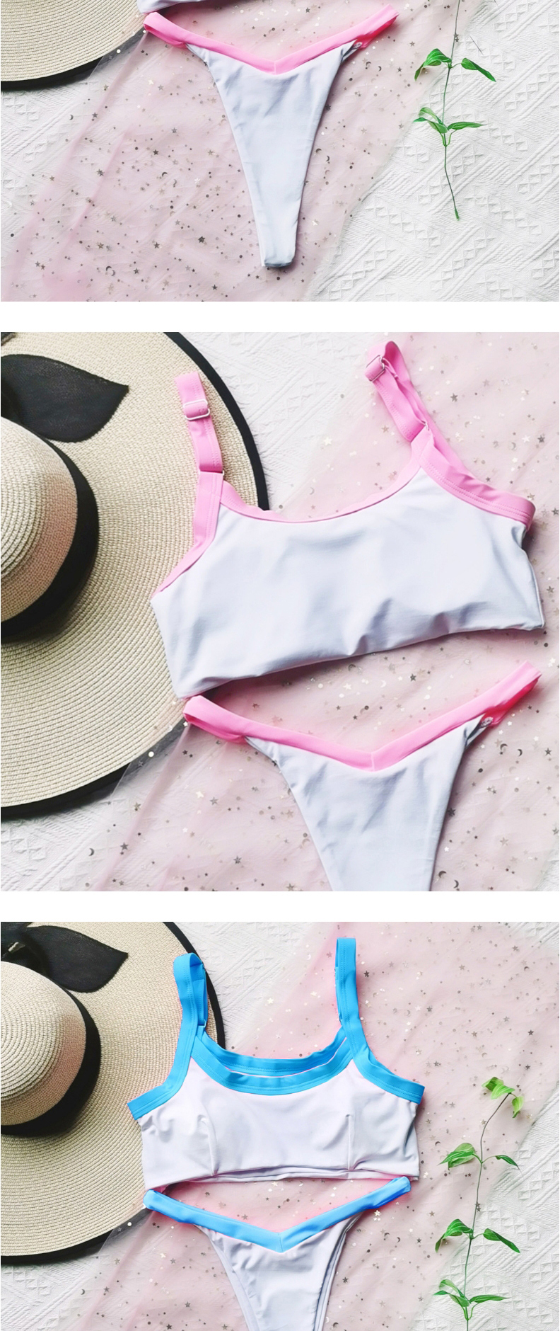 Fashion Vermicelli Strap Stitching Contrast Print Split Swimsuit,Bikini Sets