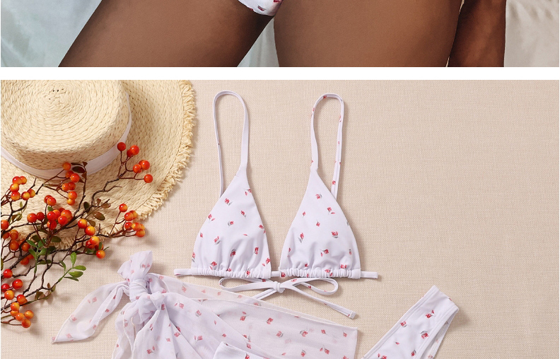 Fashion White Three-piece Swimsuit With Printed Straps,Bikini Sets