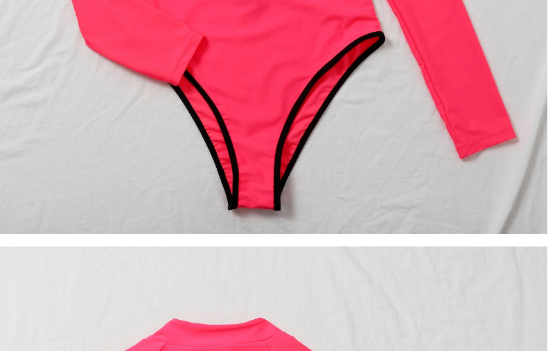 Fashion Pink Colorblock Long Sleeve Zip One Piece Swimsuit,One Pieces