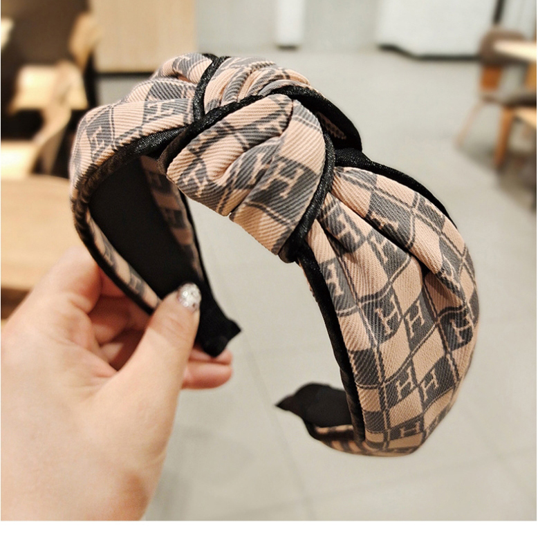 Fashion Brown Letter Knotted Broad Edge Fabric Check Hair Band,Head Band
