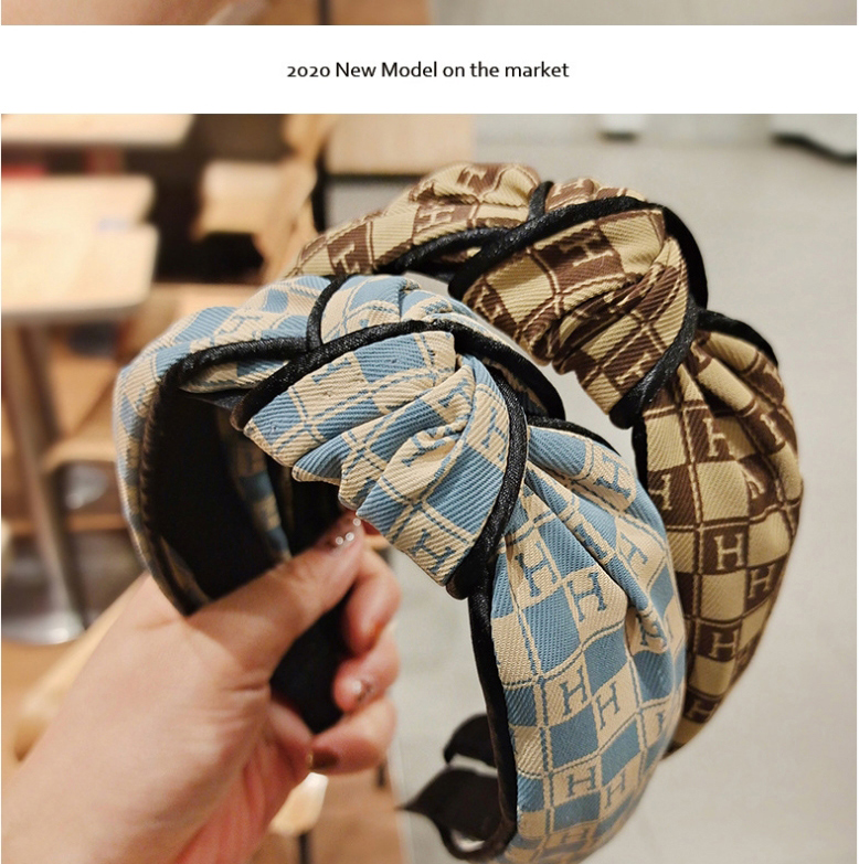 Fashion Brown Letter Knotted Broad Edge Fabric Check Hair Band,Head Band