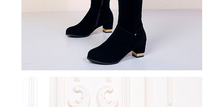 Fashion Black Round Toe Chunky Heel Non-slip Rhinestone Side Zipper Boots,Slippers
