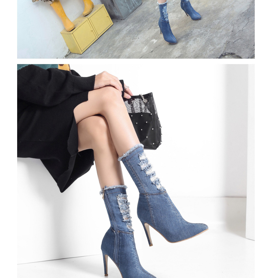 Fashion Navy Blue Mid-tube Pointed Toe Stiletto Heel Non-slip Denim Boots,Slippers