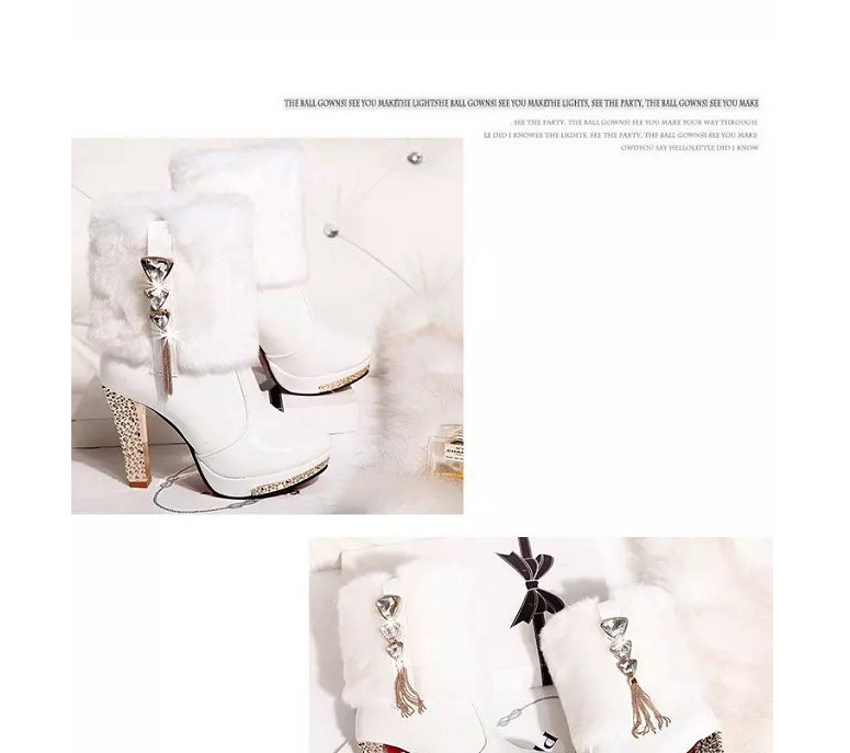 Fashion White Platform High-heeled Rhinestone Pointed Toe Plush Boots,Slippers