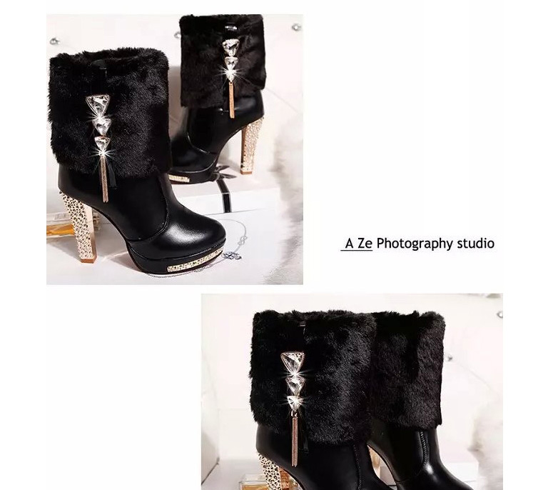 Fashion Black Platform High-heeled Rhinestone Pointed Toe Plush Boots,Slippers